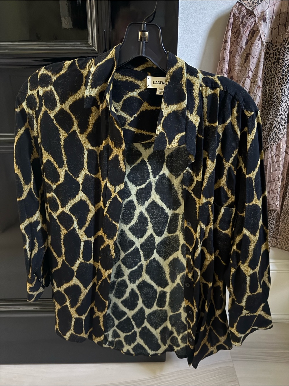 L'AGENCE Black and Gold Giraffe-Print Blouse